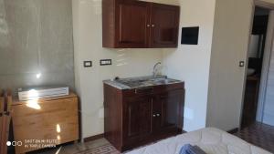 a kitchen with a sink and wooden cabinets at ZED-HOUSE in Nizza Monferrato