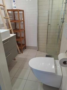 uma casa de banho com um chuveiro, um WC e um lavatório. em Apartment Bystranda - City Beach em Kristiansand