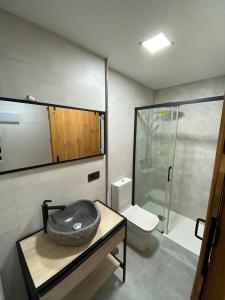a bathroom with a sink and a toilet and a shower at Madrid Confort Suites in Madrid