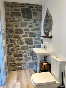 a bathroom with a white toilet and a stone wall at Cadwgan House in Rhayader
