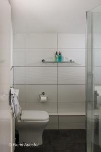 a white bathroom with a toilet and a shower at The Wight Mouse Inn in Chale