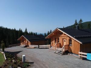 una fila de cabañas de madera en un aparcamiento en Jagdhütte mit Kaminofen und Sauna en Lachtal
