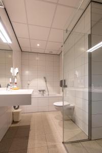La salle de bains est pourvue de toilettes, d'un lavabo et d'une douche. dans l'établissement Hotel Aalsmeer, à Aalsmeer