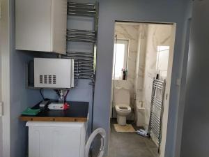 a small bathroom with a toilet and a sink at Double Ensuite room, 1-minute walk to bus stop in Edinburgh