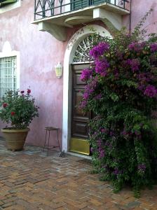 een deur met paarse bloemen voor een gebouw bij Großes Ferienhaus in Bargecchia mit Privatem Pool in Corsanico-Bargecchia