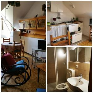 3 fotos de una cocina y una sala de estar en Ferienwohnung für 4 Personen 1 Kind ca 50 qm in Borzonasca, Ligurien Provinz Genua, en Borzonasca