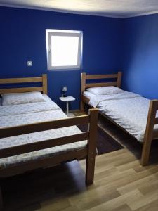 two beds in a room with a blue wall at Filipov Konak in Bajina Bašta