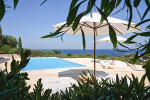 a pool with an umbrella and the ocean in the background at VILLA EKAVI FILIZI - Seaside Residence just outside of Naousa in Naousa
