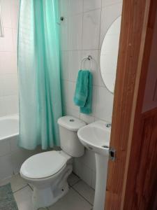 uma casa de banho com um WC, um lavatório e uma cortina de chuveiro azul. em Cabañas Nelly em Frutillar