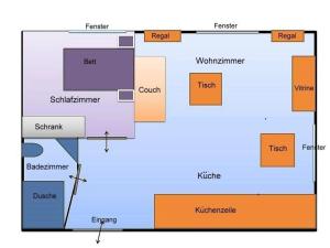 een blokschema van een gebouw bij Ferienwohnung in der Kaschubei, in ruhiger Lage am Waldrand, in der Nähe von Danzig und Sopot in Sulmin