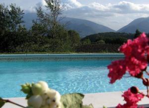 une piscine bleue avec des montagnes en arrière-plan dans l'établissement Ferienwohnung Flieder, à Cagli