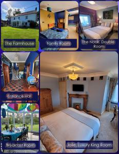 Hideaway Escapes, Farmhouse B&B & Holiday Home, Ideal family stay or Romantic break, Friendly animals on our smallholding in beautiful Pembrokeshire setting close to Narberth في ناربيرث: ملصق بأربع صور لغرفة نوم