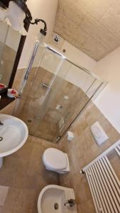 a bathroom with a shower and a toilet and a sink at Trulli Beauty LAMIA in Martina Franca