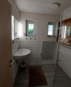 a bathroom with a sink and a shower at Appartment Reitz - Urlaub in der Heimat der Brüder Grimm in Fritzlar
