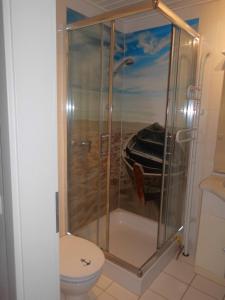 a shower with a toilet and a painting of a boat at Haus Hygge - Ferienwohnung Anker in Boren