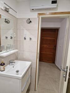 a bathroom with a sink and a mirror and a door at Dom Nazaret in Nazarje