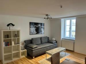 uma sala de estar com um sofá e uma mesa em City-Center Apartments em Salzburgo