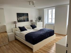 a bedroom with a large bed with blue pillows at City-Center Apartments in Salzburg