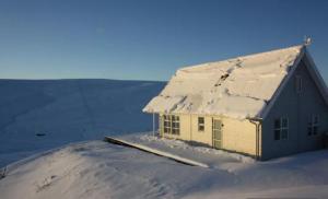 una pequeña casa amarilla con nieve en el techo en Efri Foss, en Staður