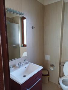 a bathroom with a sink and a toilet and a mirror at Lighthouse 3 bedrooms villa F36 in Balchik