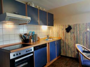 a kitchen with blue cabinets and a sink and a stove at Ferienwohnung Pünter in Surwold