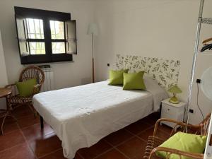 een slaapkamer met een bed met groene kussens erop bij Il Castello degli ulivi in Roccella Ionica