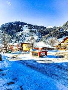 ein schneebedecktes Dorf mit einem Berg im Hintergrund in der Unterkunft Ferienwohnung für 4 Personen ca 55 m in Rauris, Salzburger Land Rauristal in Rauris