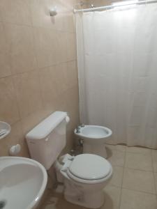 a white bathroom with a toilet and a sink at hotel el retorno in Catriel