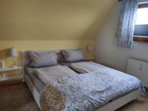 ein Schlafzimmer mit einem Bett und einem Fenster in der Unterkunft Schlei-Liesels Ferienwohnungen in Güby