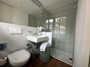 W łazience znajduje się umywalka, toaleta i prysznic. w obiekcie Peterhof Sarnen w mieście Sarnen