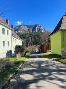 Une rue avec des maisons et une montagne en arrière-plan dans l'établissement Eisenerz Alpine Resort RoSy, à Eisenerz