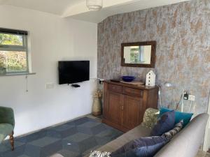a living room with a couch and a flat screen tv at Pond Cottage in Coverack