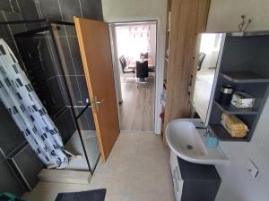 a small bathroom with a shower and a sink at Pegasus Bergblick in Heidenheim an der Brenz
