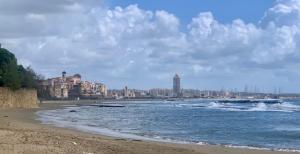 a beach with buildings and the ocean on a cloudy day at Vitti Apartment in Nettuno