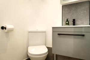 une salle de bain blanche avec toilettes et lavabo dans l'établissement Pier View - stylish flat with sea views, à Eastbourne 15 autres photos