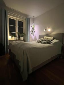 una camera da letto con un letto con una lampada e una finestra di Stor etage St knut a Malmö