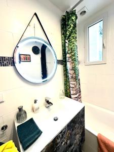 a bathroom with a sink and a mirror on the wall at Spacieuses Flats Paris Porte de Versailles in Paris