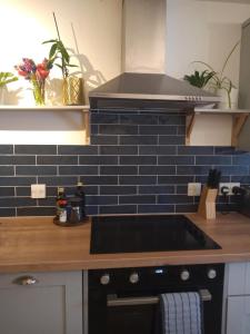 cocina con fregadero negro y azulejos azules en The Eaves, Glastonbury High Street, en Glastonbury