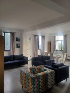 a living room with two blue couches and a table at YOLE Furnished Apartments in Addis Ababa