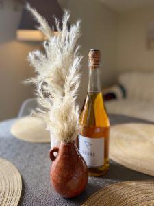 a bottle of wine with feathers in it on a table at Résidence du Parad'Ice in Dinard