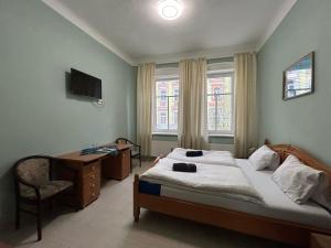 ヘプにあるHotel Monikaのベッドルーム1室(ベッド1台、デスク、窓付)