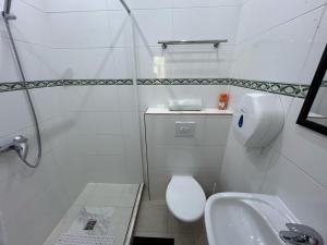 a white bathroom with a toilet and a sink at Hotel Monika in Cheb