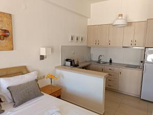 a kitchen with a bed and a sink and a refrigerator at Superior Savvas Apartments by the sea in Agia Pelagia
