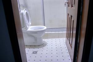 La salle de bains est pourvue d'une douche et de toilettes. dans l'établissement FARLEYVETTE GUEST HOUSE, à Yaoundé