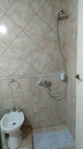 uma casa de banho com um chuveiro e um WC. em Casa del bosque em Benavídez
