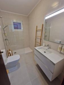 a bathroom with a sink and a toilet and a mirror at Wild Blue By SVL in Ponta Delgada