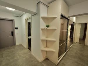 a walk in closet with shelves in a room at Premium Apartment with Free Parking and Shop near Airport in Iaşi