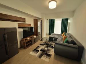 a living room with a couch and a flat screen tv at Premium Apartment with Free Parking and Shop near Airport in Iaşi