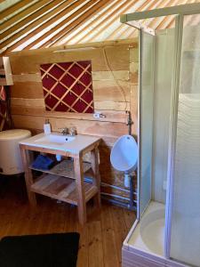 a bathroom with a sink and a shower at Yourte tout confort éco-responsable in Saint-Pierre-Eynac