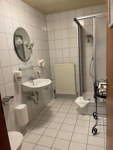 a bathroom with a sink and a toilet and a shower at Hotel Jungbräu in Abensberg